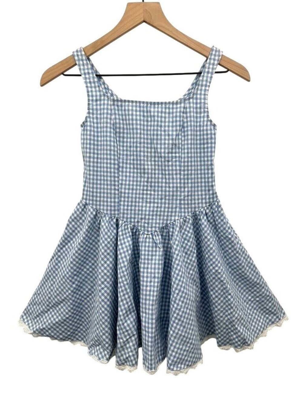 Blue & White Gingham Sleeveless Dress With Lace Trim Hemline